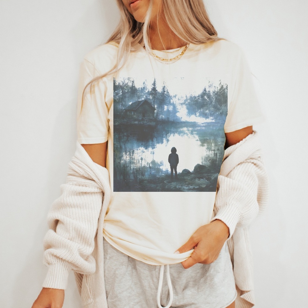 Lakeside Solitude Graphic Tee Contemplative Nature Art